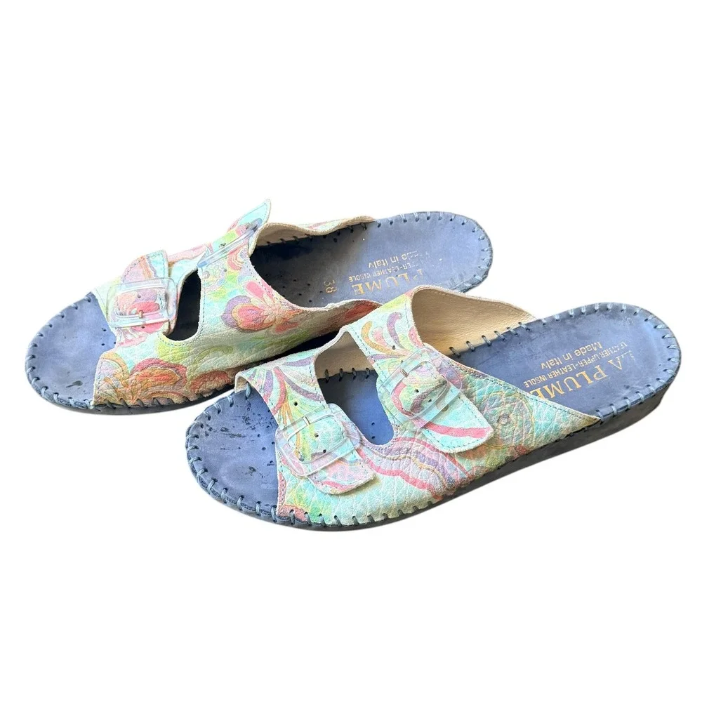 La Plume Sandals Women‎ US 7.5 Pastel Leather Floral Double Buckle Slides Italy